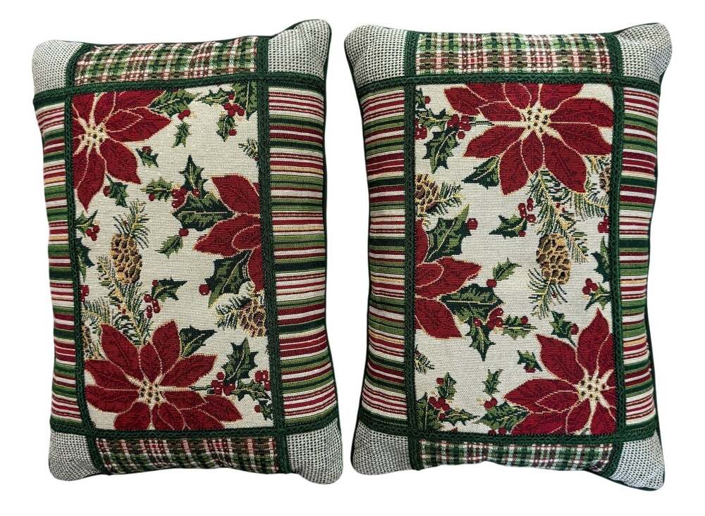 Holiday Christmas pillows 18' x 13' with Tapestry Red Poinsettia Design Vintage